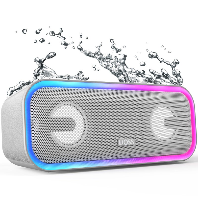 DOSS SoundBox Pro+ Bluetooth Speaker, Immersive 24W Stereo Sound with Booming Bass, IPX6 Waterproof, 15H Playtime, Mixed Colors Lights, Wireless for Backyard, Hiking, Garage, Party-Grey - Image 1